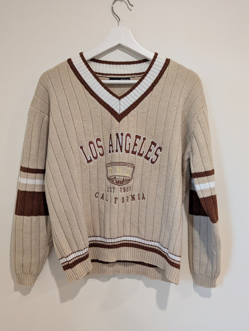 Beige and Brown Rib Knit Sweater with Striped Sleeve size S- Collegiate Academia